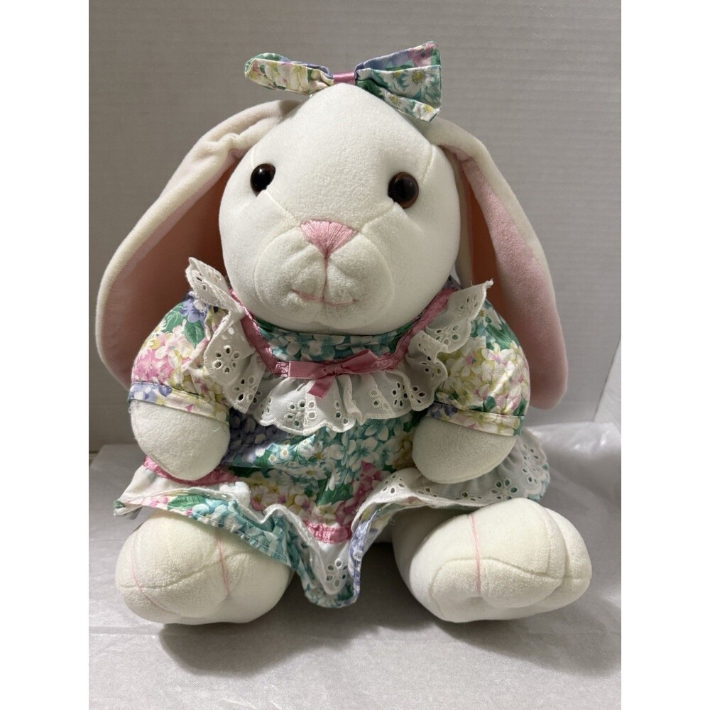 VTG 90’s Velveteen Rabbit Easter Bunny Stuffed Plush Florals Girl Bow READ